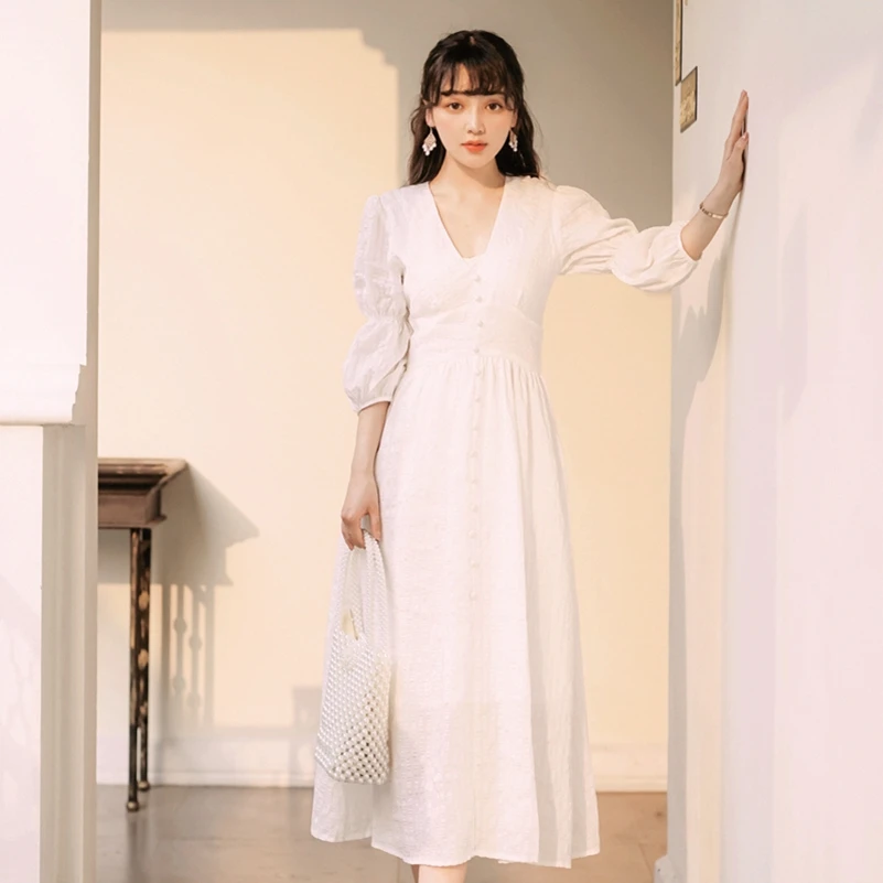 

SexeMara fashion The New V-neck Puff sleeve Beach Vacation dress Free shipping