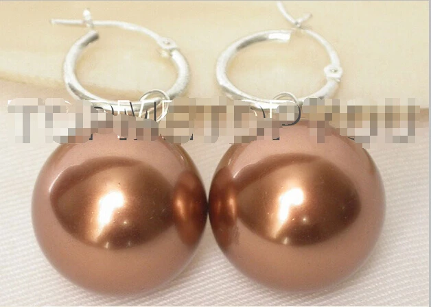 

Free shipping Dangle big 20mm coffee round sea shell pearls earring 925sc hook E56
