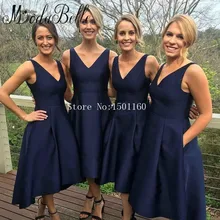 V-neck Navy Blue Bridemaid Dresses Elegant Wedding Party Gowns Vestido Invitada Boda Tea Length Dresses Gaun Dress Pesta