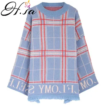 

H.SA Women Tassel Sweaters 2018 Autumn Winter Oversized Jumpers Plaid Loose Knitwear Chic Tops Warm Pullover casaco feminino