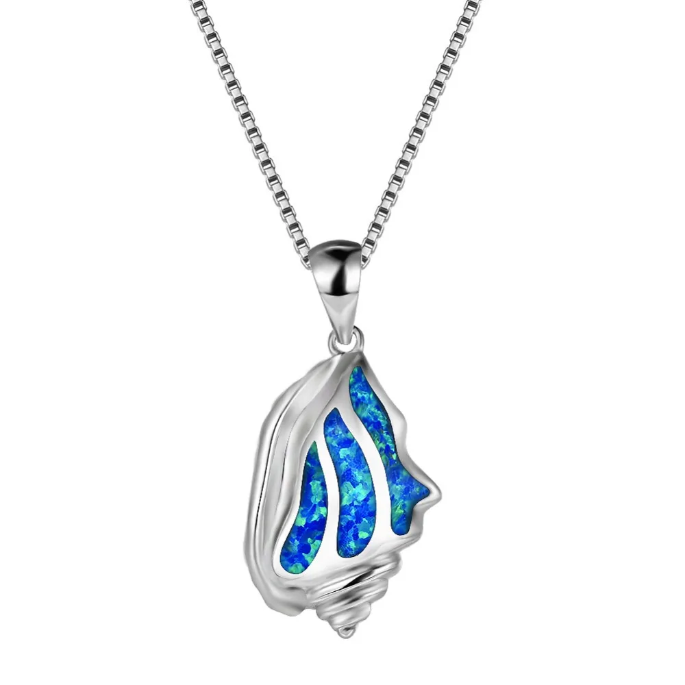 

HAIMIS Stylish Lovely Conch Blue or White Fire Opal Silver Plated Unisex Opal Pendant Necklace
