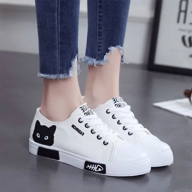 

Fashion Women Shoes Women Flats Canvas Shoes Platform Sneakers Women Lace Up Cartoon Cat Ladies Board Shoes White Female Shoes