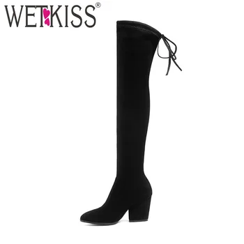 

WETKISS 2018 Fashion Trend Women Stretch Thigh High Boot Thick High Heels Lady Winter Shoes Female Lace Over Knee Boot Big