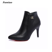 Botas mujer 2016 mujeres de la Marca botas elegante de cuero de la pu zapatos de mujer otoño invierno del dedo del pie puntiagudo zapatos de tacón alto tobillo martin botas