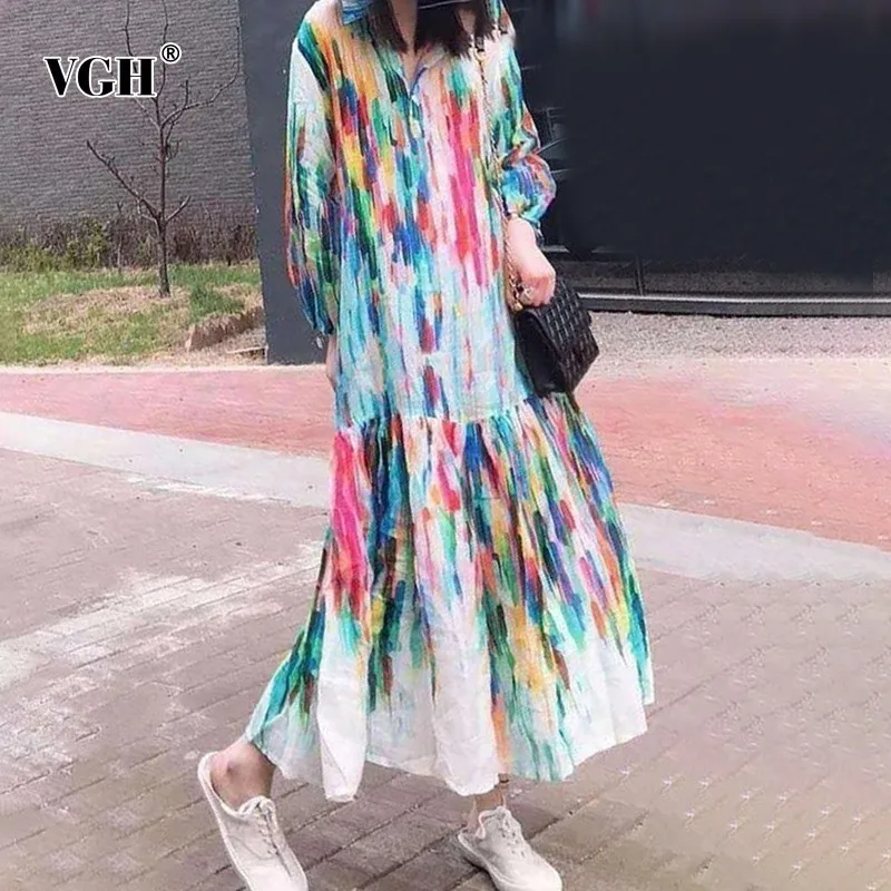 

VGH Elegant Colorful Dress For Women Lapel Collar Lantern Sleeve Ruched Ankle Length Dresses Female 2019 Fashion Summer New