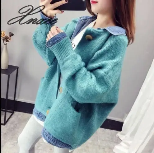 

Xnxee 2019 new spring denim stitching fake two-piece knit cardigan female pocket loose long-sleeved sweater coat