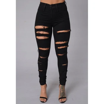 

High Waist Skinny Jeans For Women Holes Embroidery Pencil Pants Casual Trousers Black White Stretch Ripped Denim Pants SJ828V