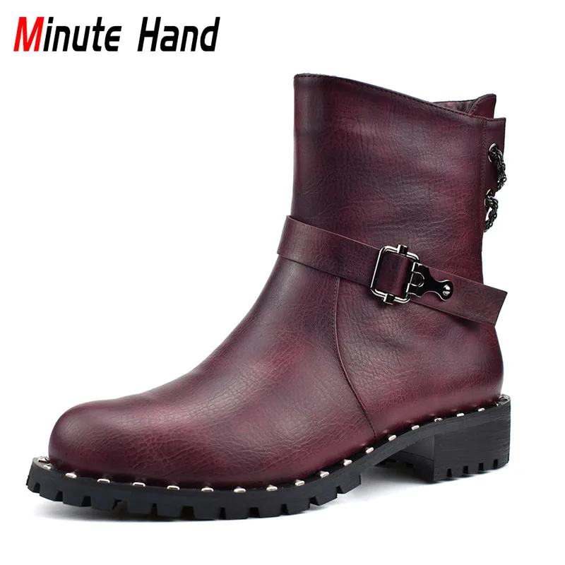 

Minute Hand Autumn Winter Retro Wine Red Ankle Boots For Women Soft Chunky Heel Side Zip Women Boots With Metal Chain And Buckle