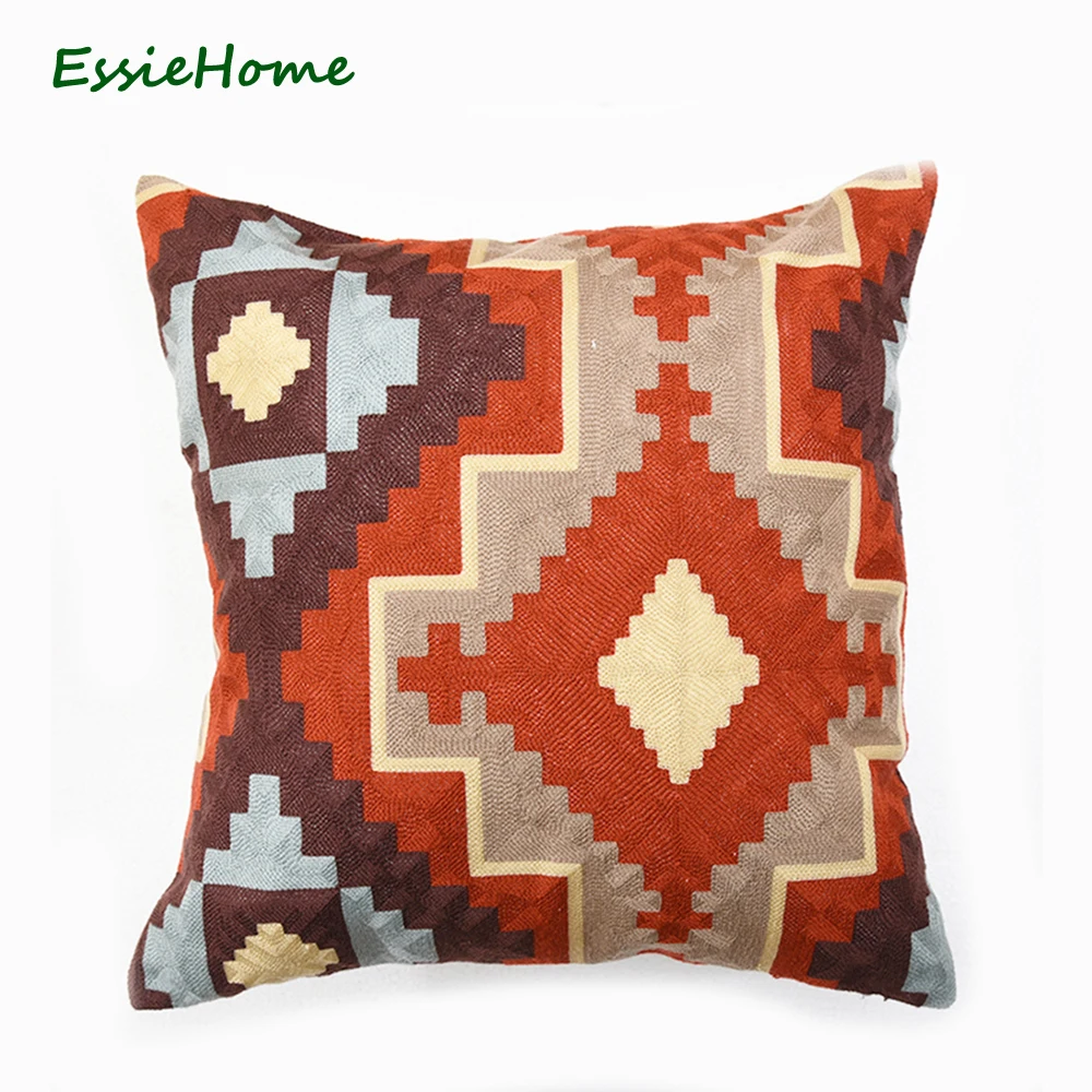 

ESSIE HOME Full Embroidery Chain Embroidery 18" High End Kilim Pattern Cushion Cover Pillow Case Rust Red Red Throw Embroidery C