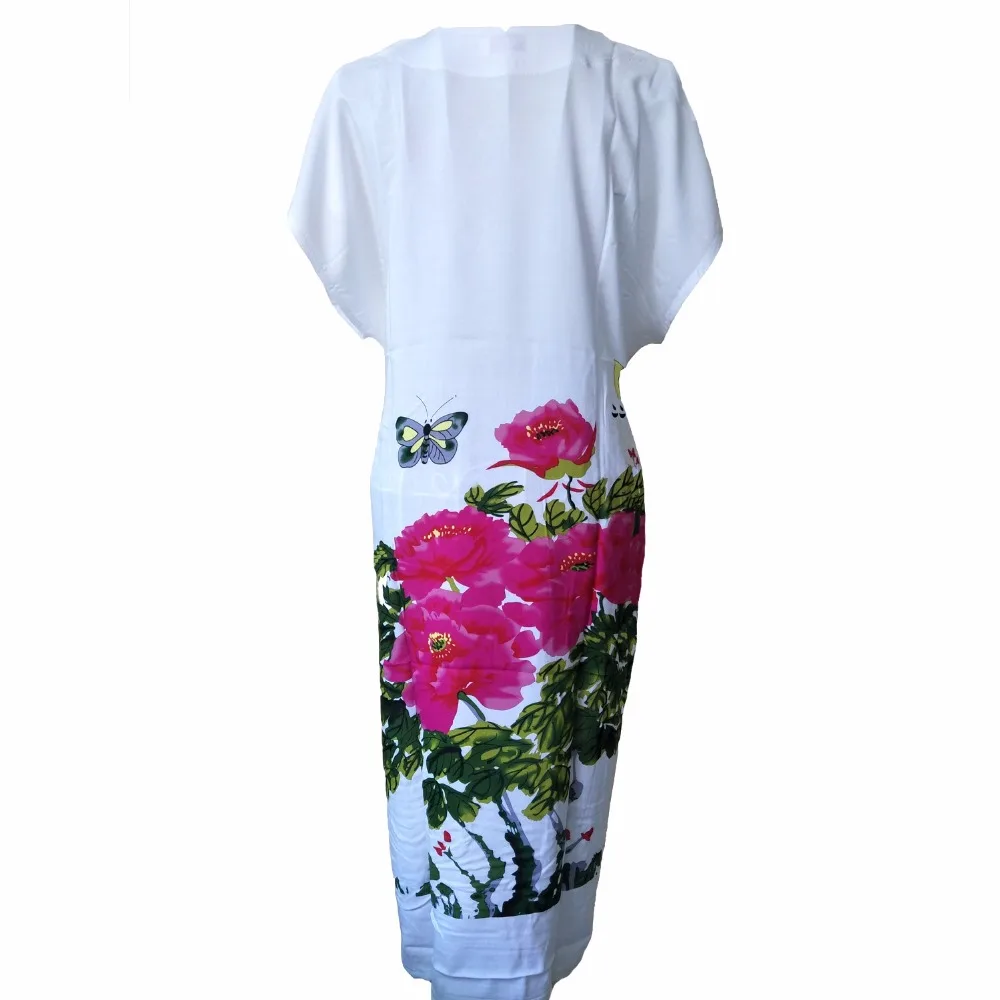 Китайский стиль, женское Хлопковое платье с цветочным принтом, винтажная ночная рубашка с принтом, сексуальный белый халат с v-образным вырезом, ночная рубашка, одежда для сна