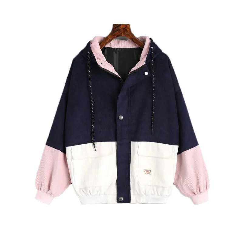 2019 Korean version of the college wind student loose color matching hooded baseball uniform corduroy tooling jacket female spot