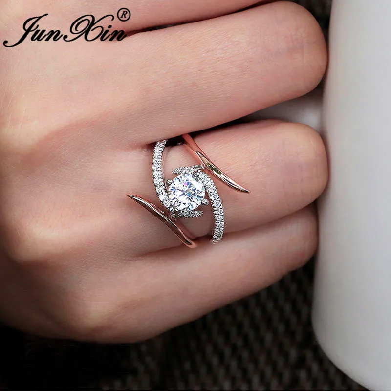 JUNXIN в милом стиле, розовое золото Волнистые кольца для женщин Круглый прозрачный циркон белый кристалл обручальные кольца женские винтажное Помолвочное кольцо ювелирные изделия