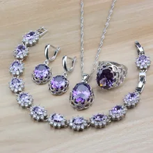 Милый романтический свадебный костюм, 925 серебряные ювелирные наборы для женщин, фиолетовый кристалл, висячие серьги/ожерелье/браслет и кольцо, наборы