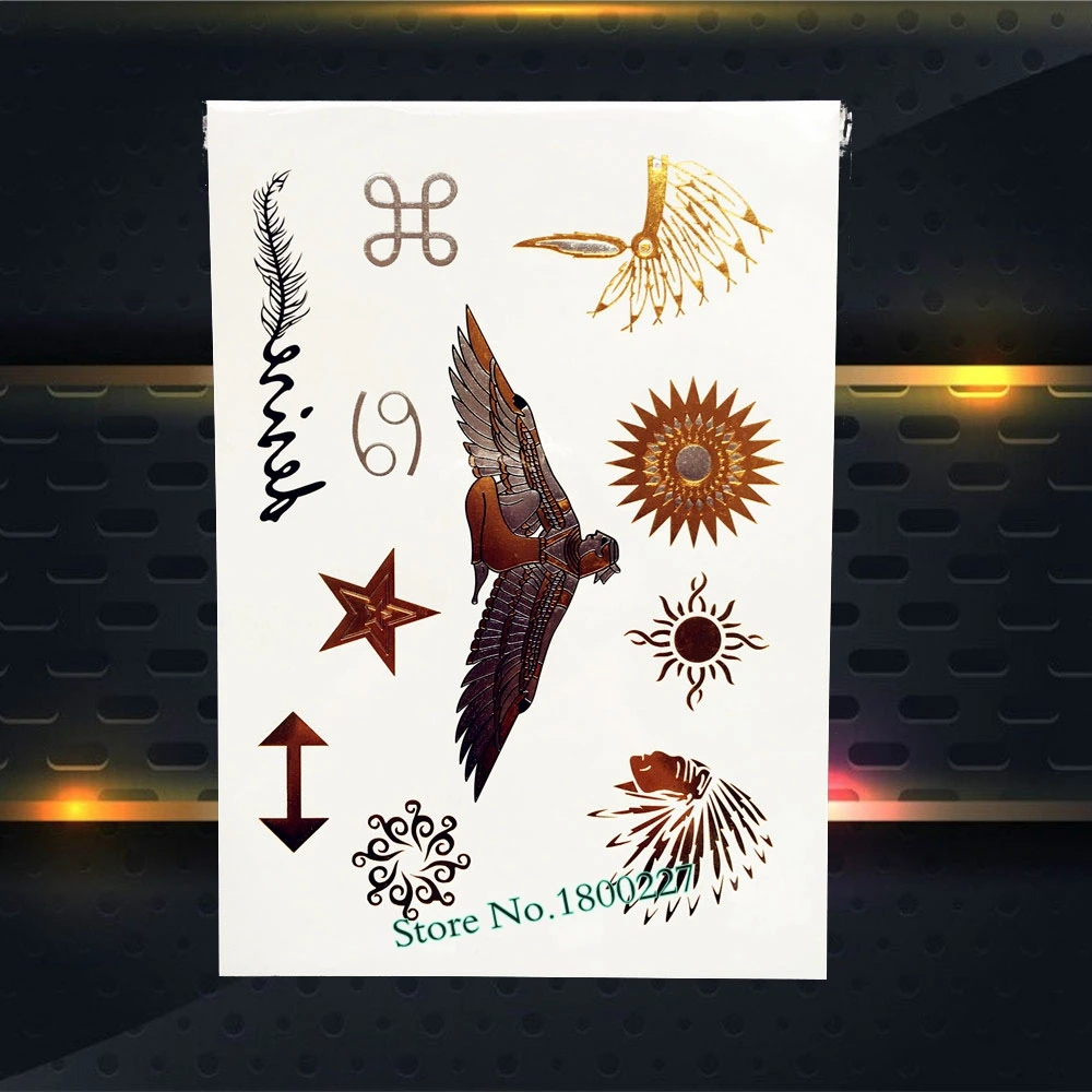 

1PC New Flash Gold Metallic Tattoo Indian Feather Angel Wing Goddess Design Waterproof Body Art Temporary Tattoo Sticker PYH-072
