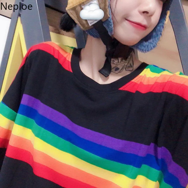 Neploe/женская футболка в радужную полоску в стиле Харадзюку, Ретро стиль, топ с коротким рукавом, свободные повседневные топы, Студенческая панк Корейская уличная одежда 38821