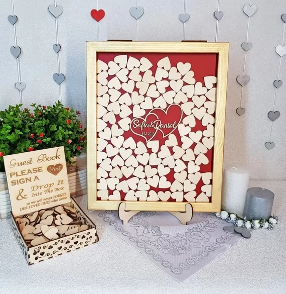 

personalize glitter heart Rustic wedding engraved Alternative Wooden guestbooks memory Drop box top signature guest books