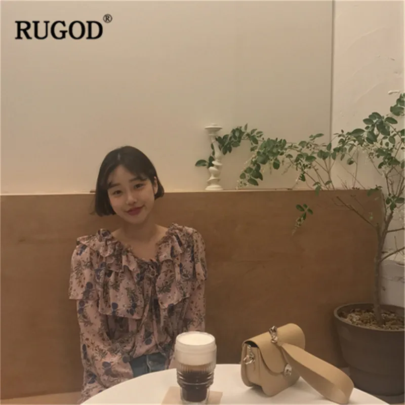 RUGOD элегантная женская блузка с цветочным принтом и рюшами, весна, милая шифоновая блуза с длинным рукавом, Повседневная рубашка Harajuku Kimino