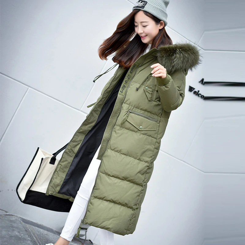 Taille Femmes Plus À Veste Thickes Manteaux Capuche Blanc Bas army Green Surdimensionné Vers Canard Le Duvet La Longue Qh0999 Col De Survêtement 2017 Noir Fourrure Top Parka 00rq5