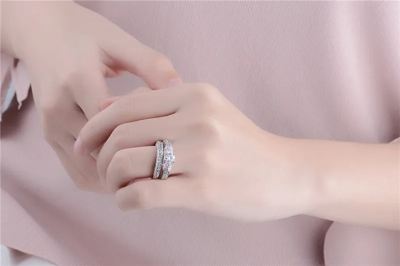 Trendy Exaggerated 585 White Gold Color Couple Rings For Women With 2 Pink Zircon Ring Sets Wedding Jewelry Anillos Mujer DM040 (12)