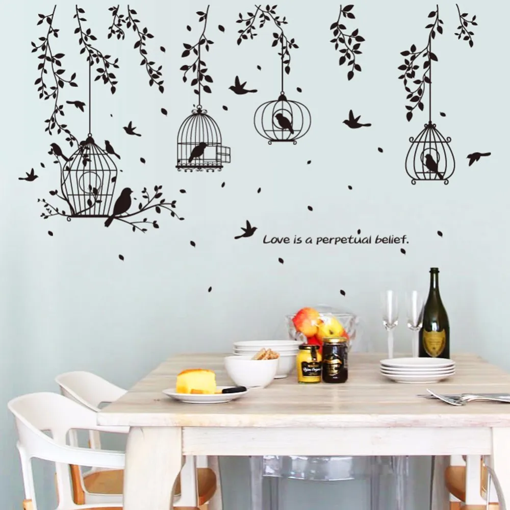 Black Bird Cage and Leaves Silhouette Patterns PVC Wall Stickers TV Background Wall Stickers Decorative Dining Hall Dormitory