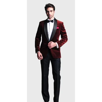 

Fashion Style One Button Dark Red Velvet Groom Tuxedos Men's Wedding Prom Suits Bridegroom Groom men suit (Jacket+Pants+Bow Tie)