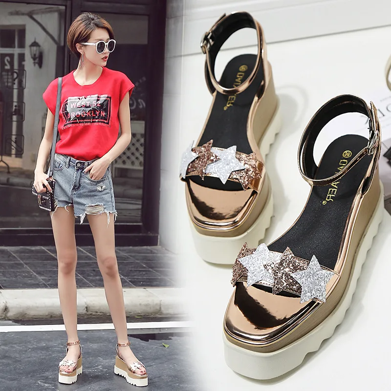 Talons Femmes Cinq Or Mode forme 3650 Hauts Bouche Compensées D'été Chaussures Pente argent Impression Sandales Poissons Étoiles Plate De 80OkwXnP