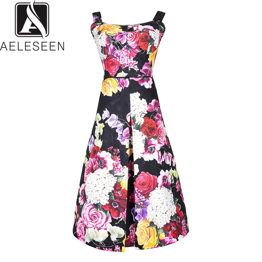 

AELESEEN Runway Sprinng Summer Dress 2019 Luxury Women's Spaghetti Strap Vintage Print Ball Gown Knee-Length Romantic Dress