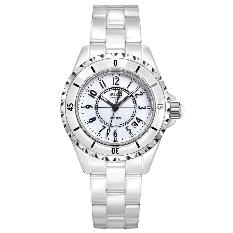 

BUREI 18003 Switzerland watch women luxury brand J12 series pearl Ceramic calendar fashion number white relogio feminino