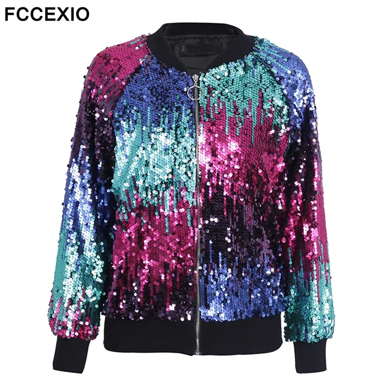 

FCCEXIO 2019 New Sequin Zipper Jacket Coat Female Casual Streetwear Bomber Jacket Hot Sale Women Outerwear Fashion Basic Jacket