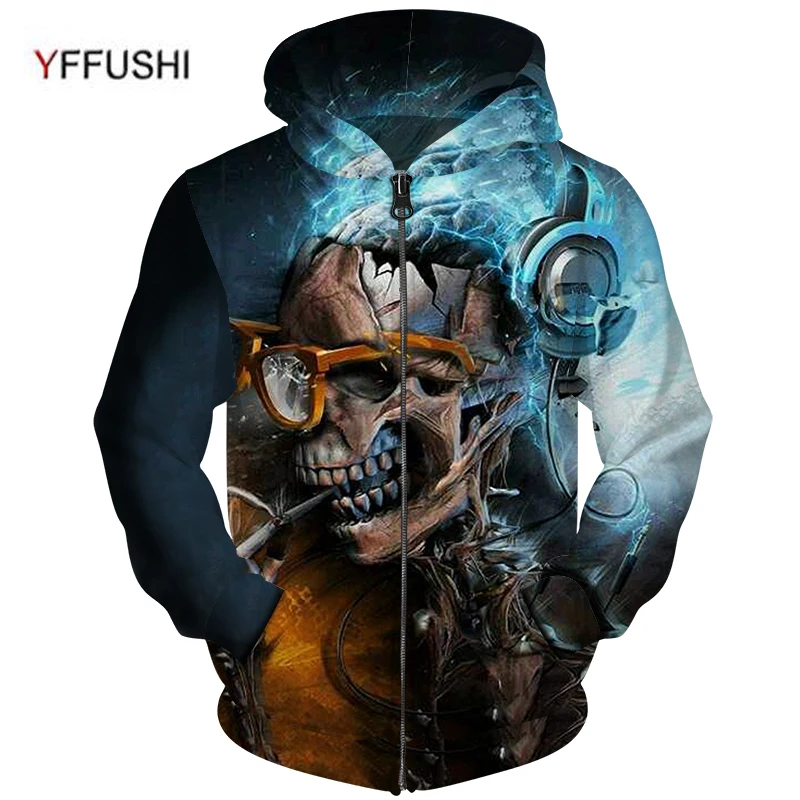 

YFFUSHI 2018 High Quality Plus Size 5XL Zipper Jacket Men Unique Skull 3d Print Coat Pocket Outwears Hip Hop Zipper Hoodies