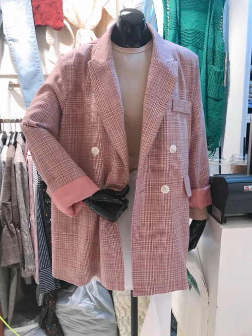 Шикарный розовый клетчатый Блейзер двубортный свободный клетчатый пиджак мини OL женские костюмы с длинными рукавами длинное пальто кардиган Топы
