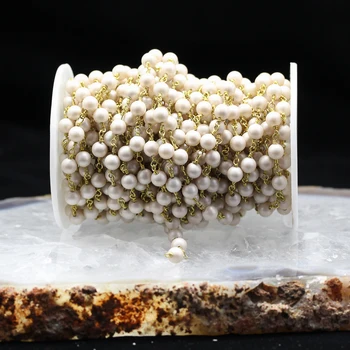 

6mm,Frosted White Pearl Shell Round Beads Chain,5 Meters,Wire Wrapped Golden Plated Rosay Fashion Links Jewelry