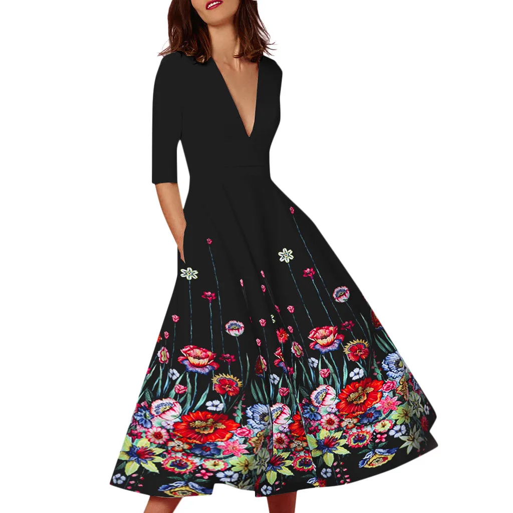 Женское винтажное платье с цветочным принтом, сексуальные платья с глубоким v-образным вырезом и рукавом средней длины, вечерние платья для выпускного вечера, длинные платья размера плюс 3XL, ретро Свинг Vestidos