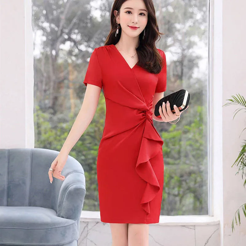 

Women Spring Summer Style Sheath Dresses Lady Casual V-Neck Short Sleeve Slim Sheath Dress Vestidos SS069