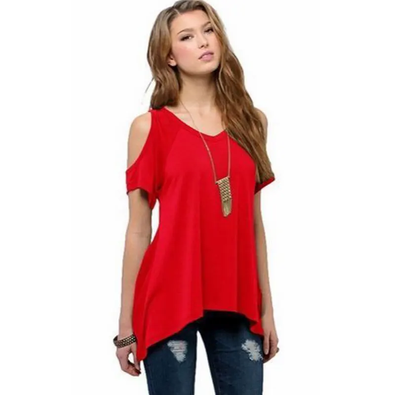 

Solid Off Shoulder Summer Tops Women Casual V-neck Hem Irregular Plus Size Tees Female Vogue Simple Wild Breathable T-shirts New