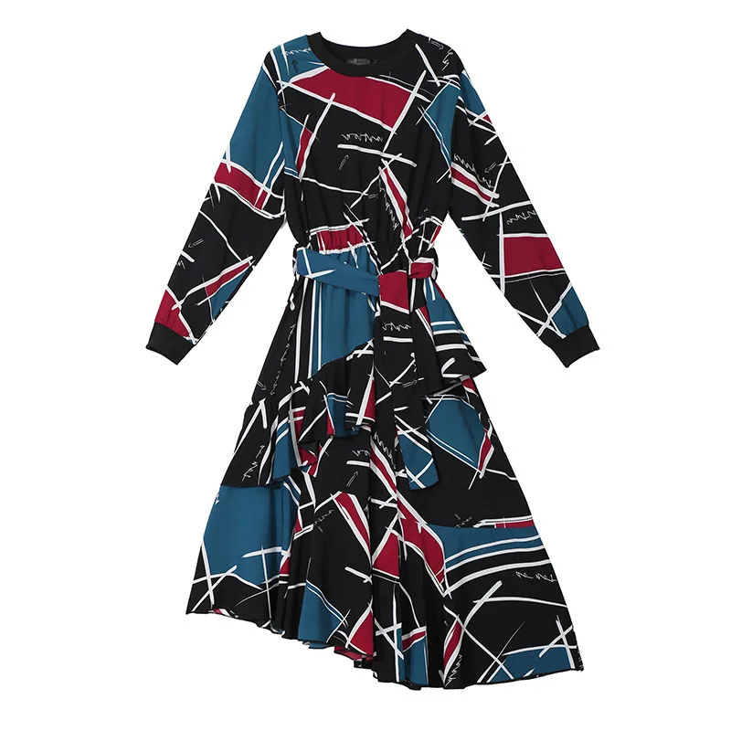 [EAM] Новое весенне-Летнее Длинное Платье с круглым вырезом и длинным рукавом с принтом черного цвета, модное женское платье JI043 - Цвет: blue