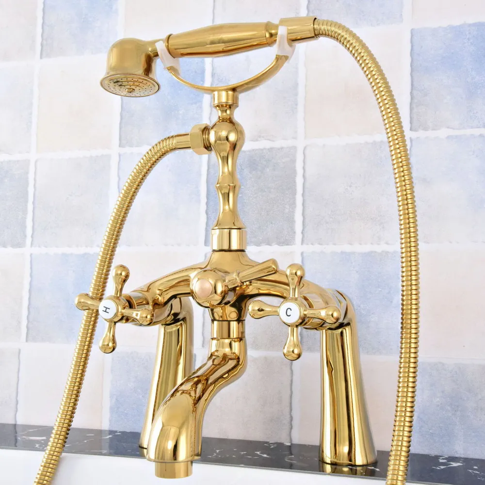 Luxury Gold Color Brass Deck Mounted Bathroom Tub Faucet Dual Handles Telephone Style Hand Shower Clawfoot Filler atf775 | Обустройство