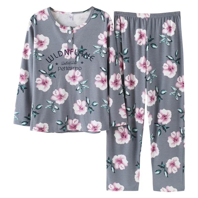 Elegant Flower Pajama Sets Plus Size M 4XL Sleepwear Women Autumn