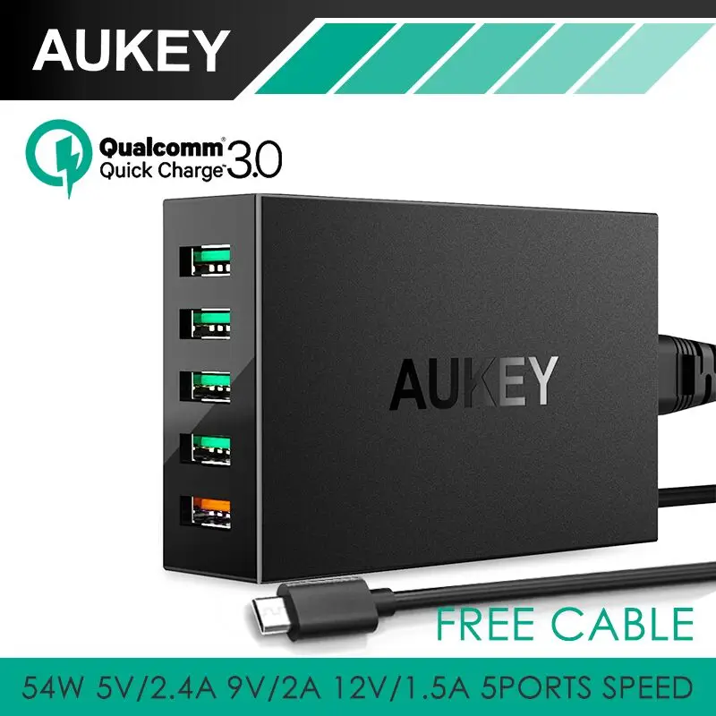 AUKEY Quick Charge 3 0 5 Порты Desktop зарядная станция Smart USB Зарядное устройство с 1 м