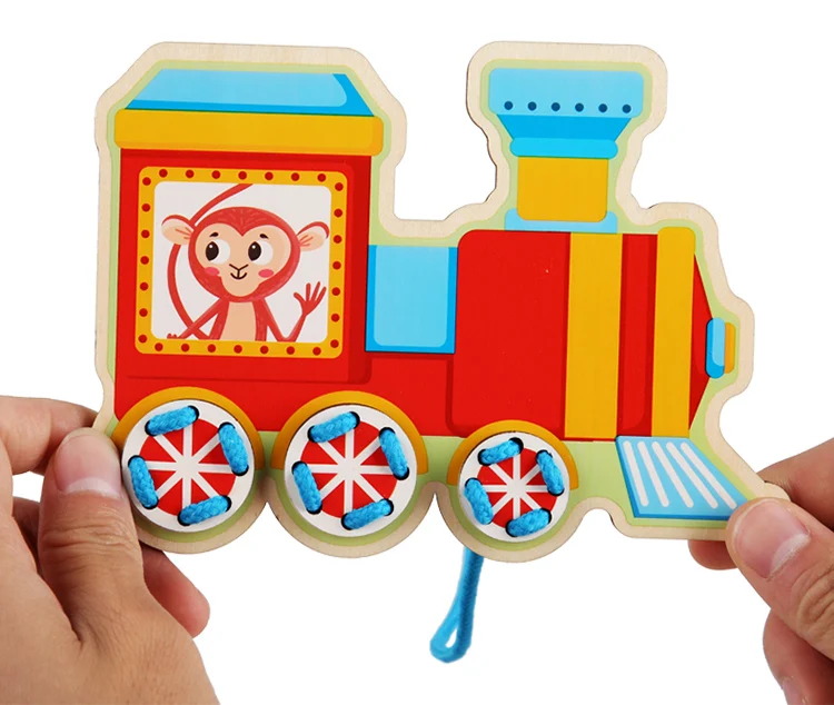 Деревянная детская игрушка DIY головоломка на шнуровке карты деревянные, с животными из мультиков веревка игра ручной работы для детей обучающая игрушка Monterssori для детей