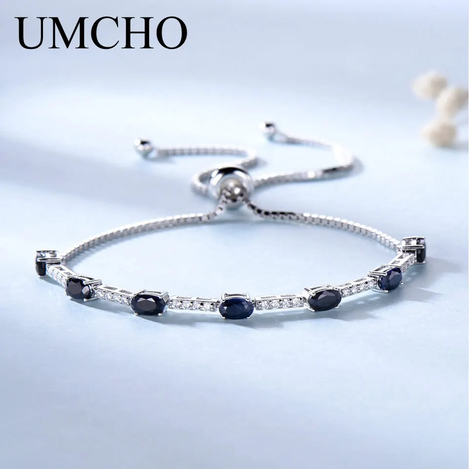 

UMCHO 2.45ct Luxury Natural Blue Sapphire Bracelet For Women 925 Sterling Silver Jewelry Gemstone Romantic Wedding Party Gift