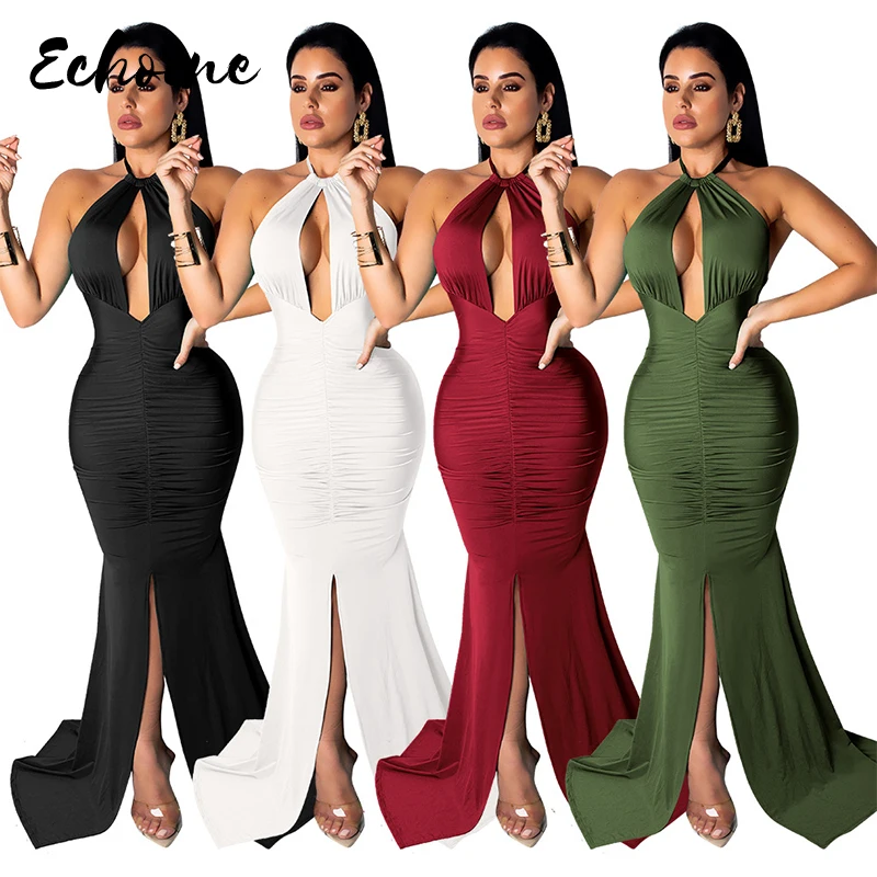 

Echoine Sexy Women Long Backless Dress Halter Hollow Out Bridesmaid Formal Pleated Mermaid Floor Length Party Dresses Vestidos