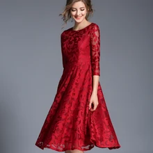 Lace Dress Work Casual Fashion O-neck Sexy Hollow Out Blue Red Dress Elegant