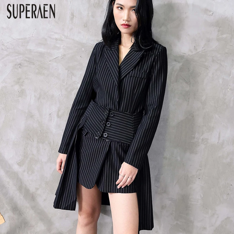 

SuperAen Striped Suit Women's Sets Autumn and Spring New 2019 Suit Jacket Women Casual Asymmetric Skirt Two-piece Female