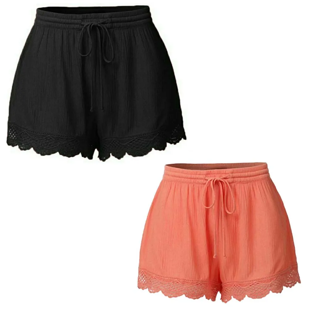 

1pc Hot Pants Womens Elastic Waist Drawstring Beach Shorts Pants Summer Lace Hem Pants
