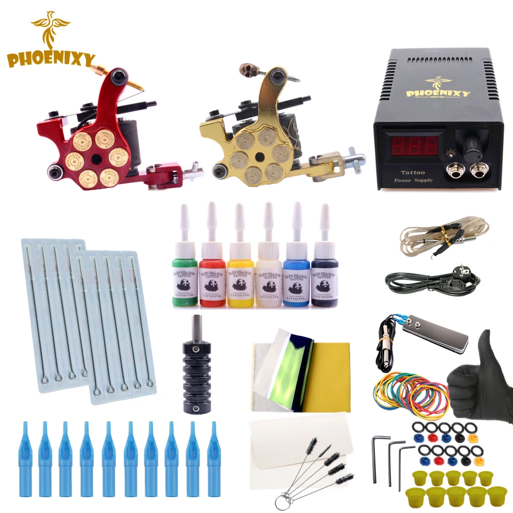 Phoenixy Starter Beginner Complete Tattoo Kit Professional Tattoo Machine Kit 6 Color Inks LCD Power Supply Grips Set