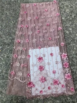 

Nigerian Laces Fabrics With Beaded stones 3D High Quality Tulle African Laces Fabric Wedding African French Tulle Lace Pink
