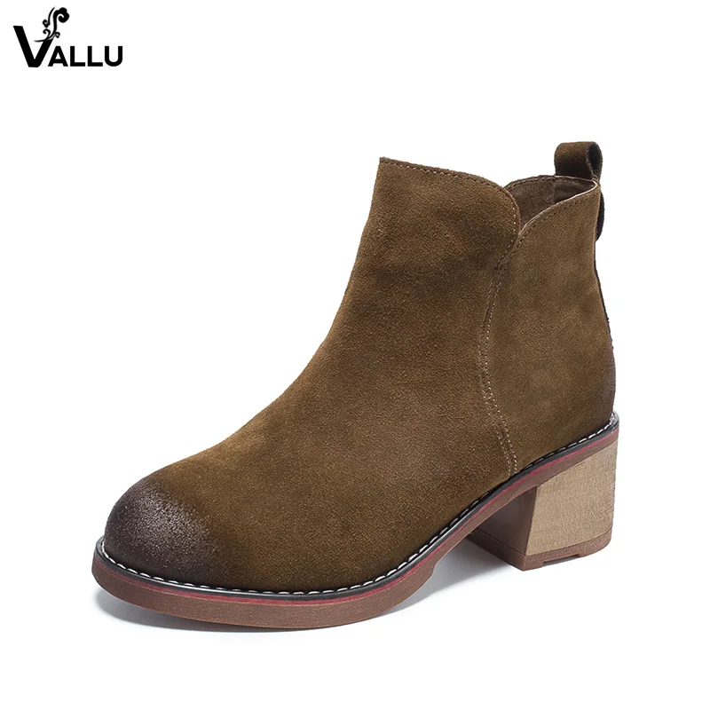 

Leather Low Cut Boots Shoes Lady Nubuck Leather Women' s Short Booties Block Heel Durable Female Quality Ankle Boots