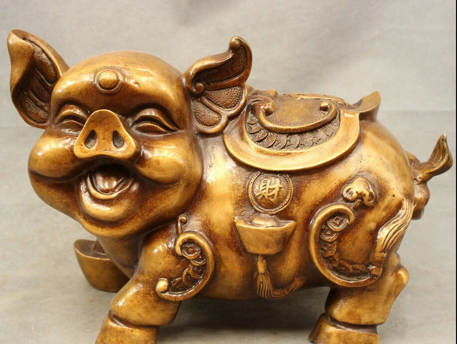 

16" Folk Chinese Bronze Decoration Wealth YuanBao Happy Fu Pig Swine Statue
