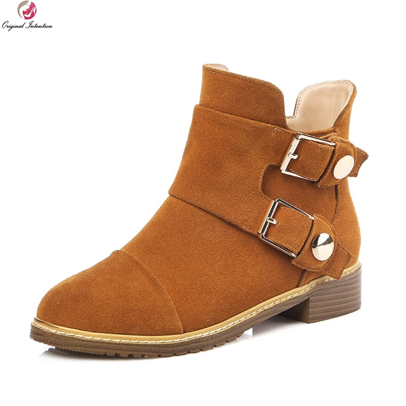

Original Intention High-quality Women Ankle Boots Round Toe Square Heels Boots Nubuck/ Soft Leather Shoes Woman US Size 4-13